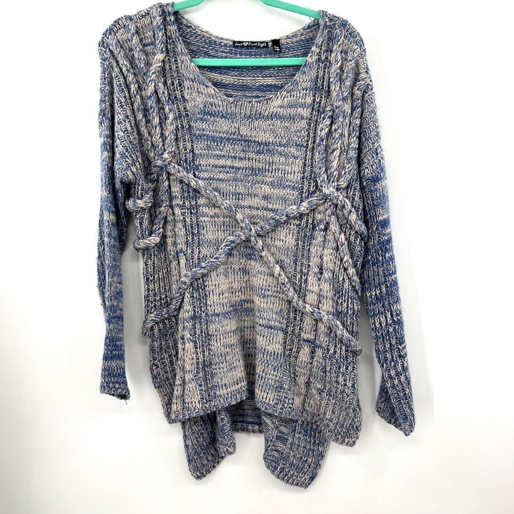 Love at First Sight Women's Blue Acrylic Long Sleeve High Low Chunky Sweater Siz